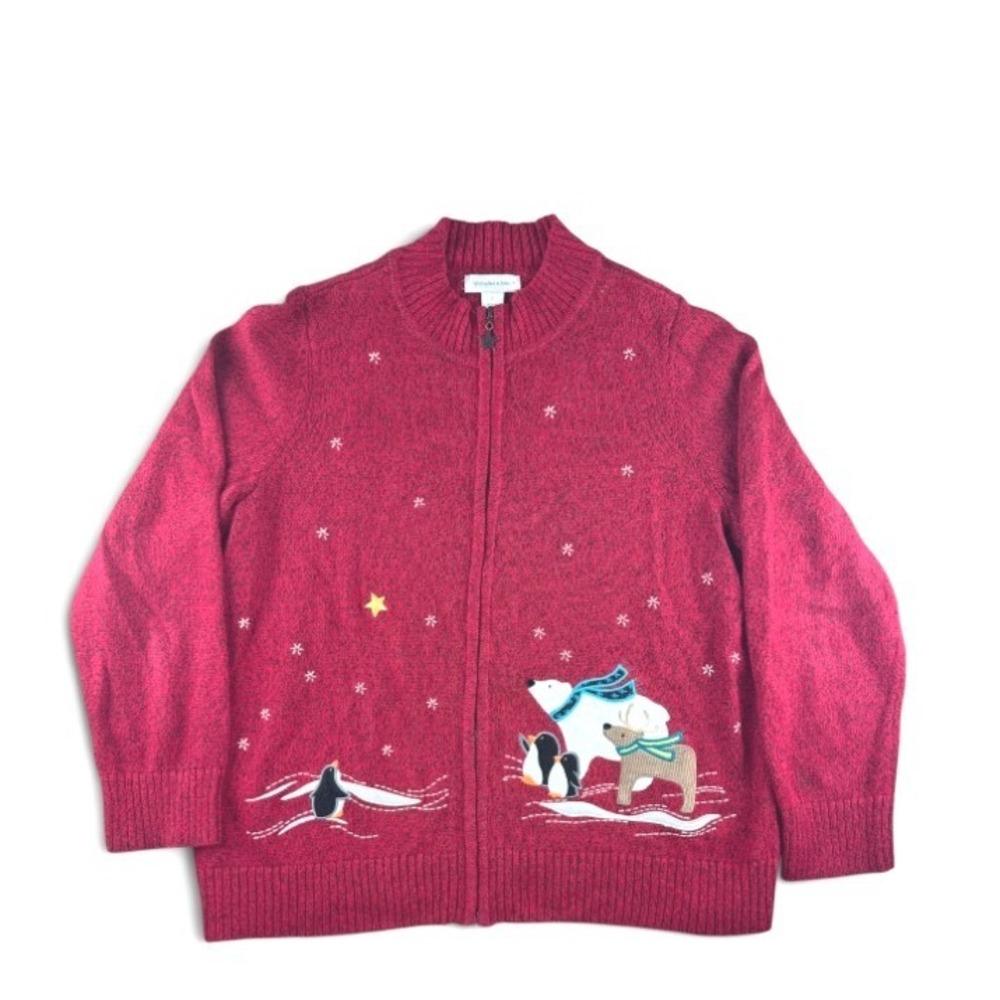 Vintage Christopher Banks Red Marl Full Zip Winter Polar Bear Penguin Sweater XL